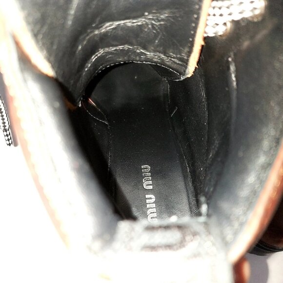 Miu Miu Lace-up Boots EU 37.5 Distressed Leather Block Chunky Heels Alpine Comba - Picture 13 of 15